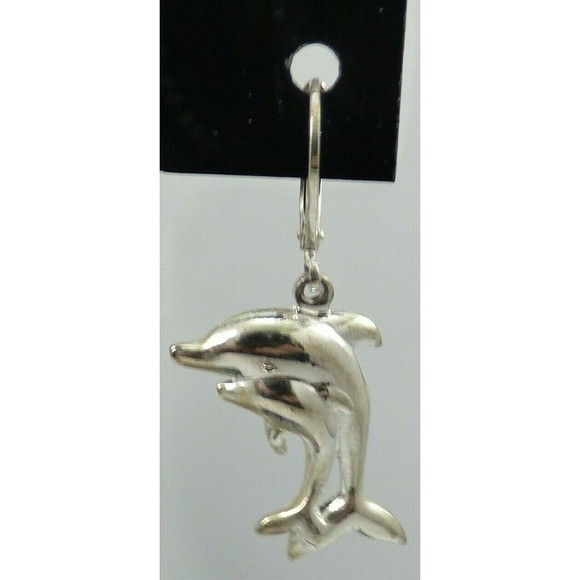 Dolphin Pendant Brooch Jewelry Set Pierced Earrings Silver Tone Vintage Shiny! - Picture 7 of 12